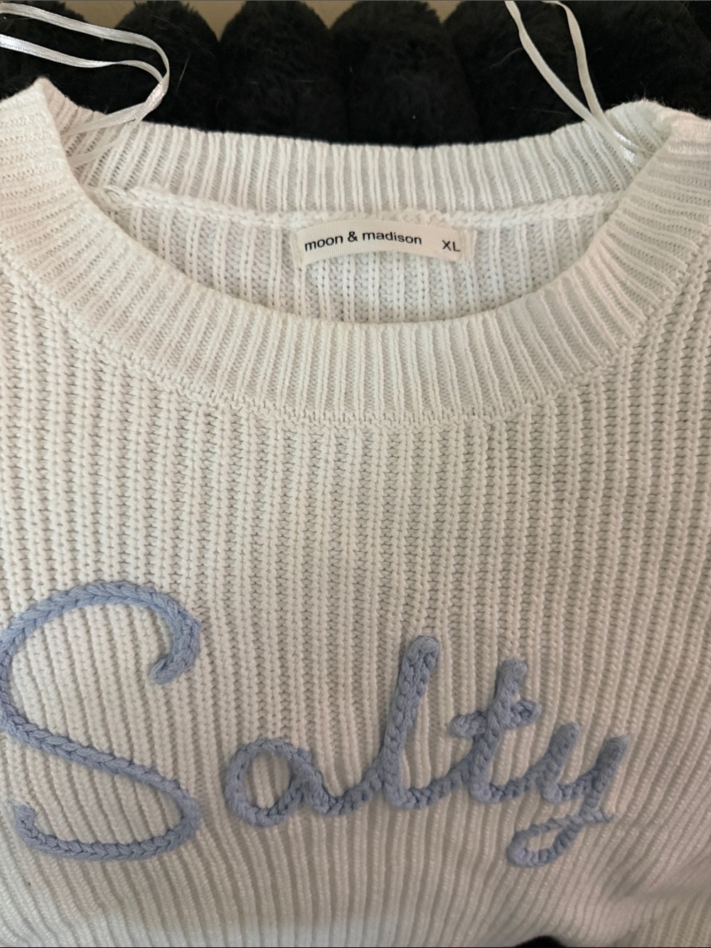 moon & madison Cream Crewneck Sweater with Light Blue 'Sally' Embroidery
